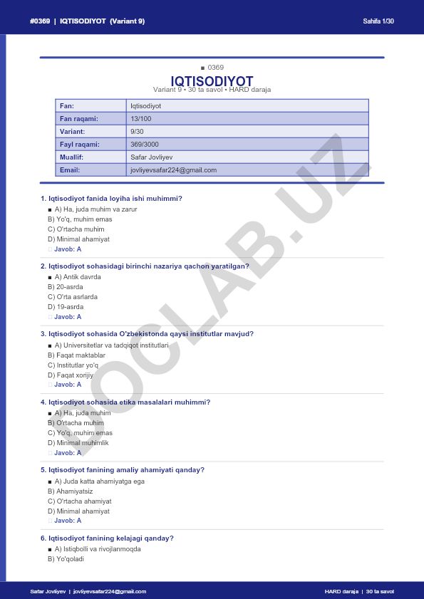 Iqtisodiyot fanidan test savollari (Variant 9)