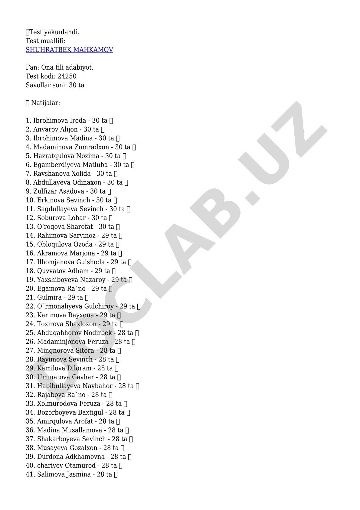 Ona tili adabiyot test natijalari
