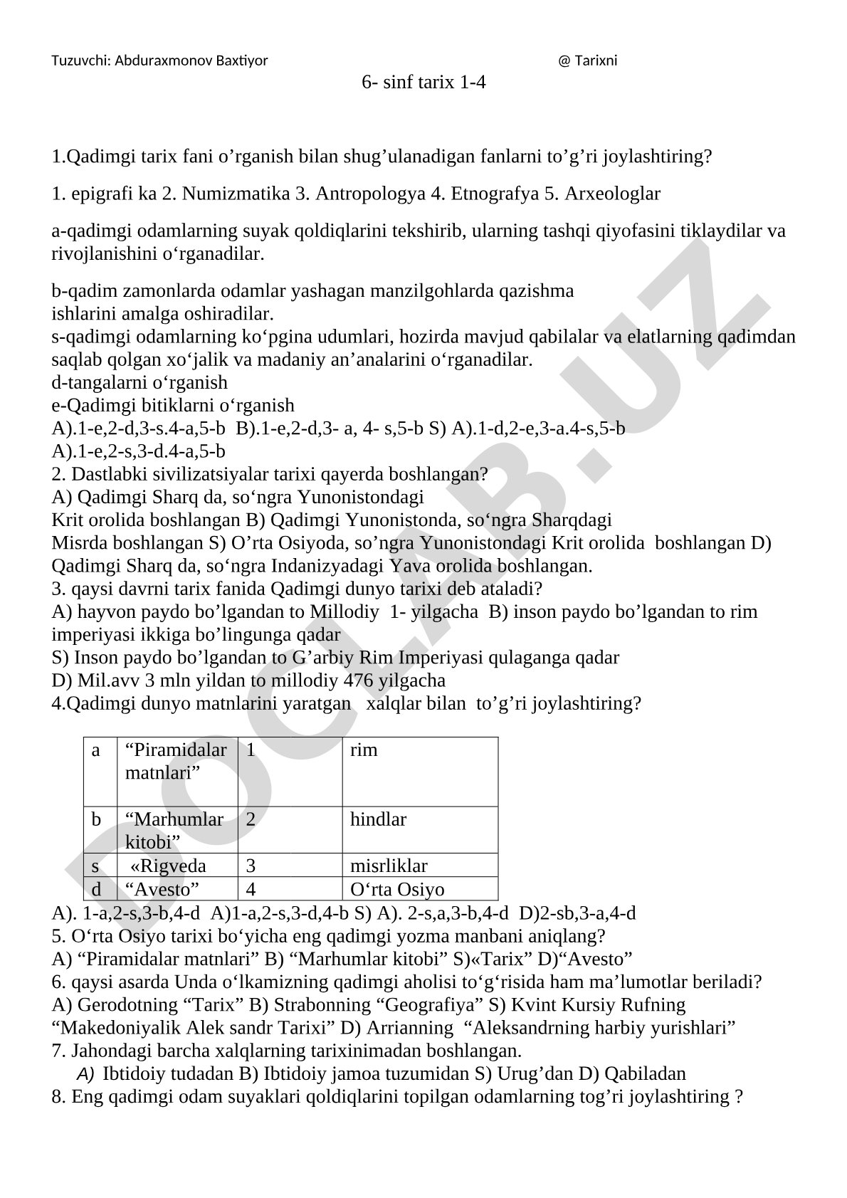 6-sinf tarix fanidan test savollari