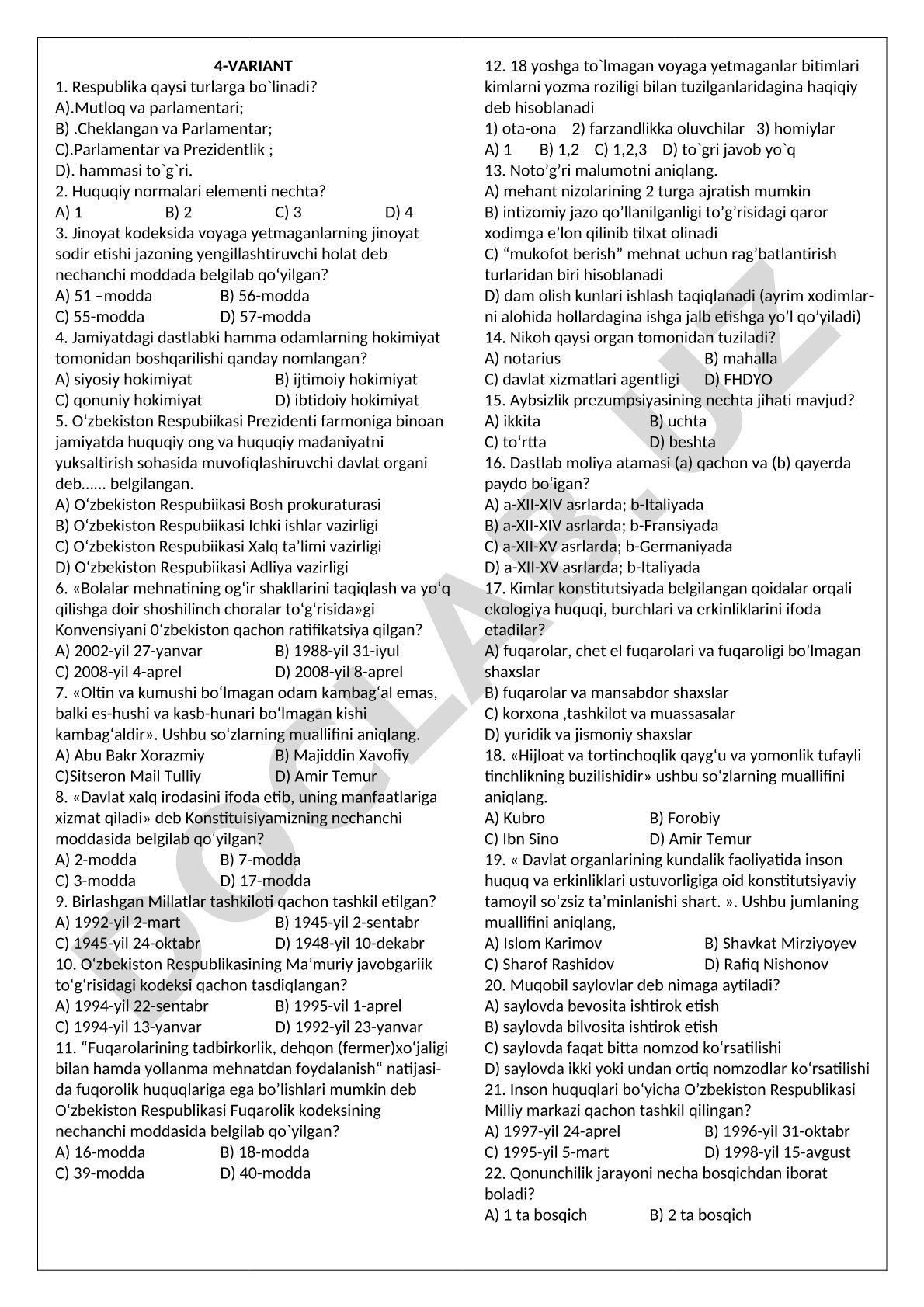 Huquqshunoslik fanidan test savollari