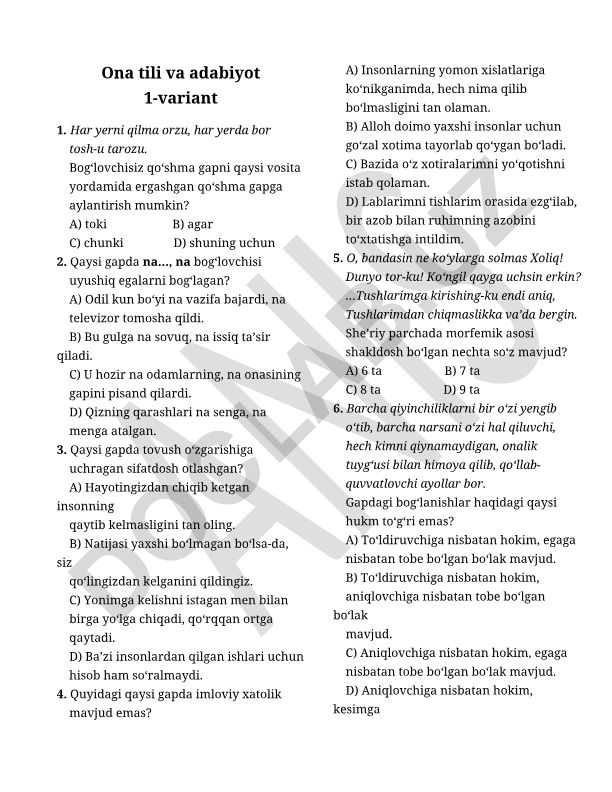 Ona tili va adabiyot fanidan test savollari
