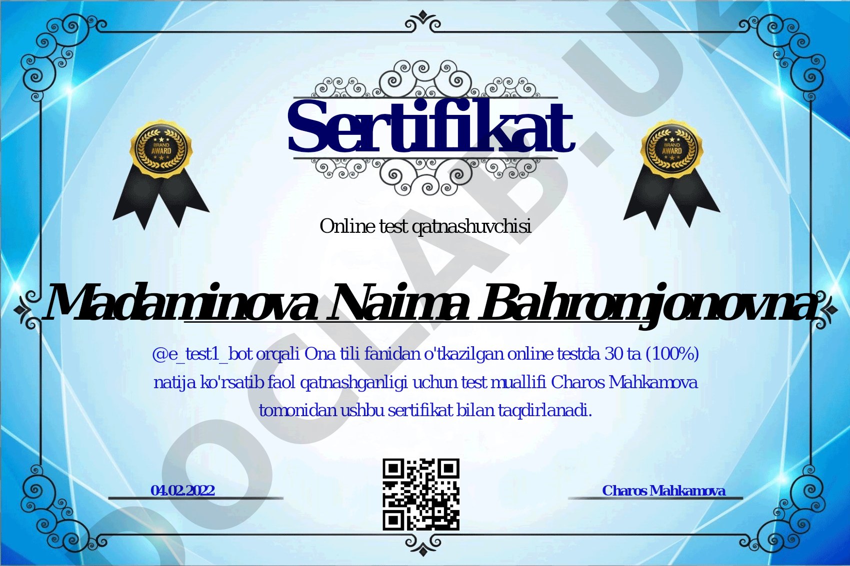 Ona tili fanidan online test sertifikatlari