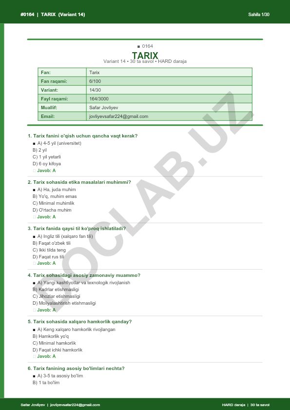 Tarix fanidan test savollari (Variant 14)