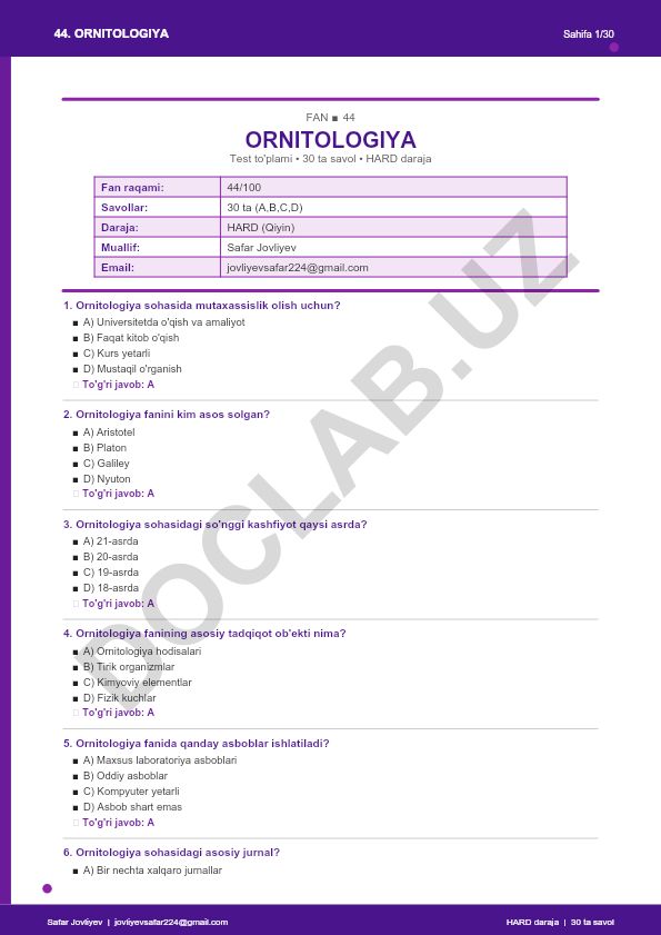 Ornitologiya faniga oid test to'plami