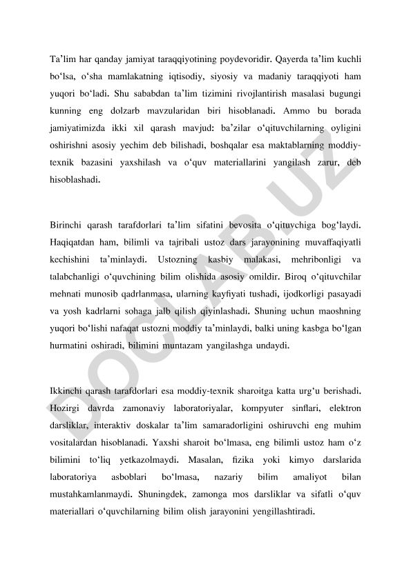 Ta'lim tizimini rivojlantirishda o'qituvchi maoshi va moddiy-texnik bazaning ahamiyati