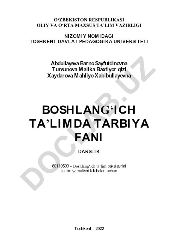 Boshlang'ich ta'limda tarbiya fani darsligi