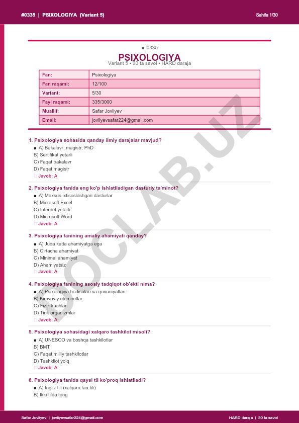 Psixologiya fanidan 30 ta savol testi (Variant 5)