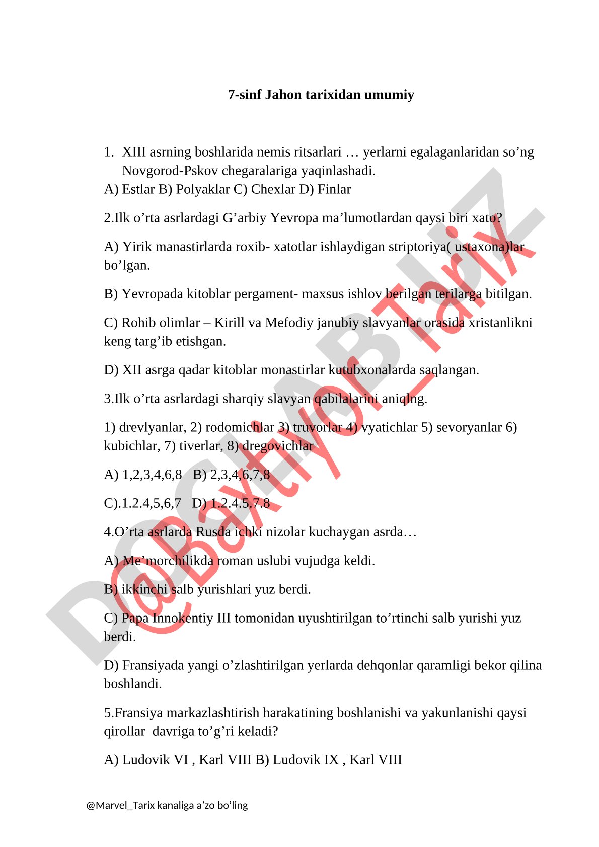 7-sinf Jahon tarixidan test savollari