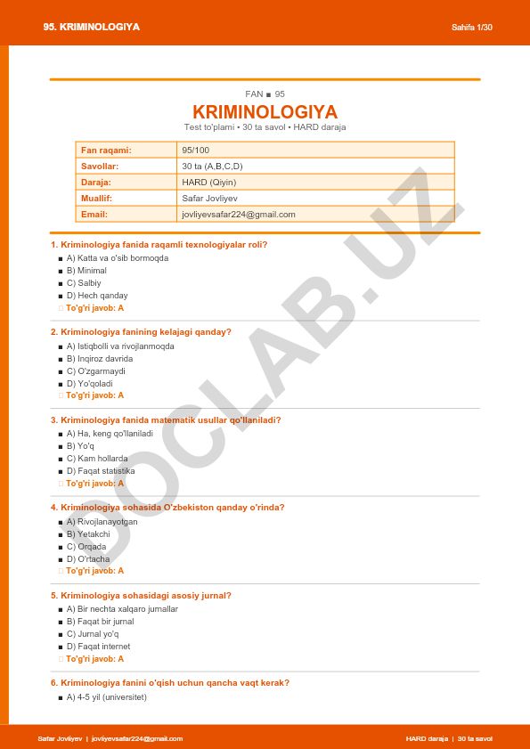 Kriminologiya faniga oid test to'plami