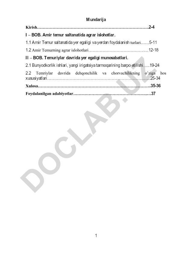 Amir Temur saltanatida agrar islohotlar va Temuriylar davrida yer egaligi munosabatlari