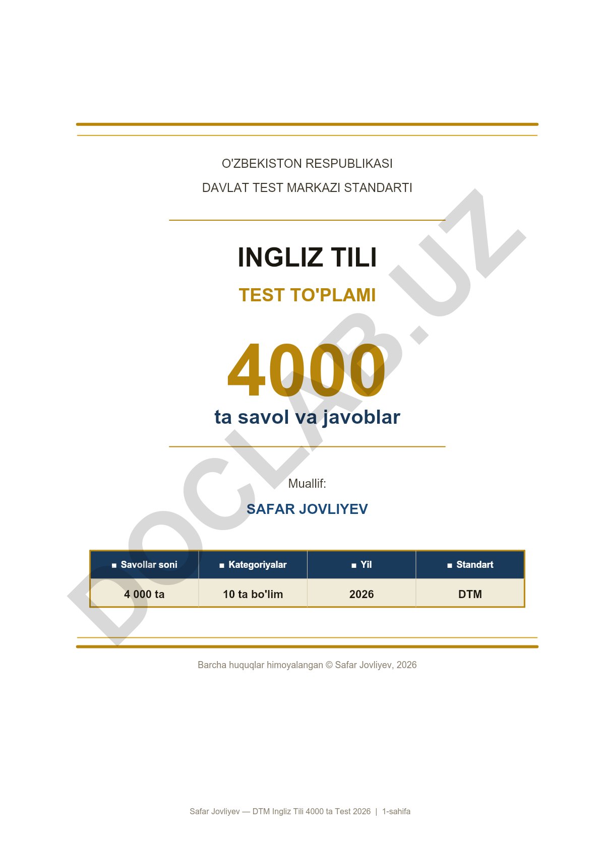 DTM Ingliz Tili 4000 ta Test To'plami 2026