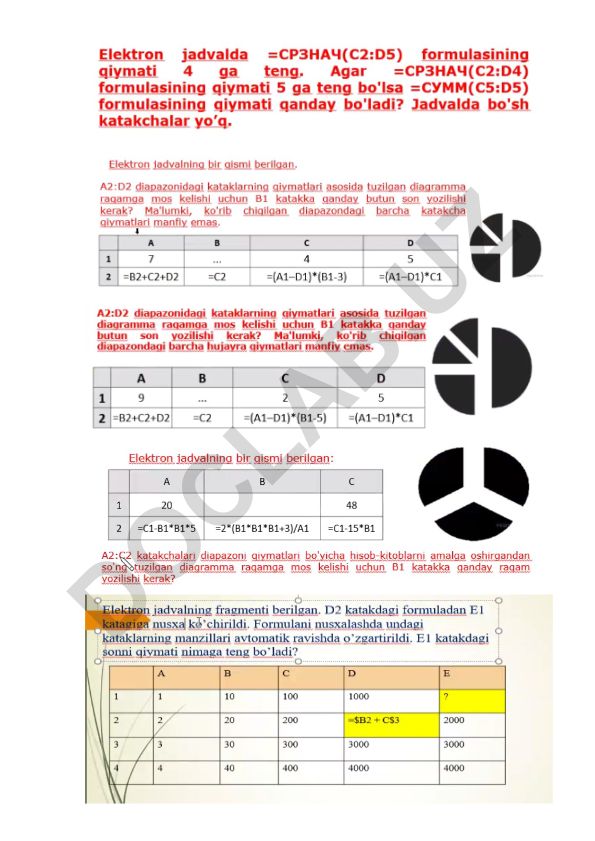 MS Excel funktsiyalari va formulalari bo'yicha test savollari