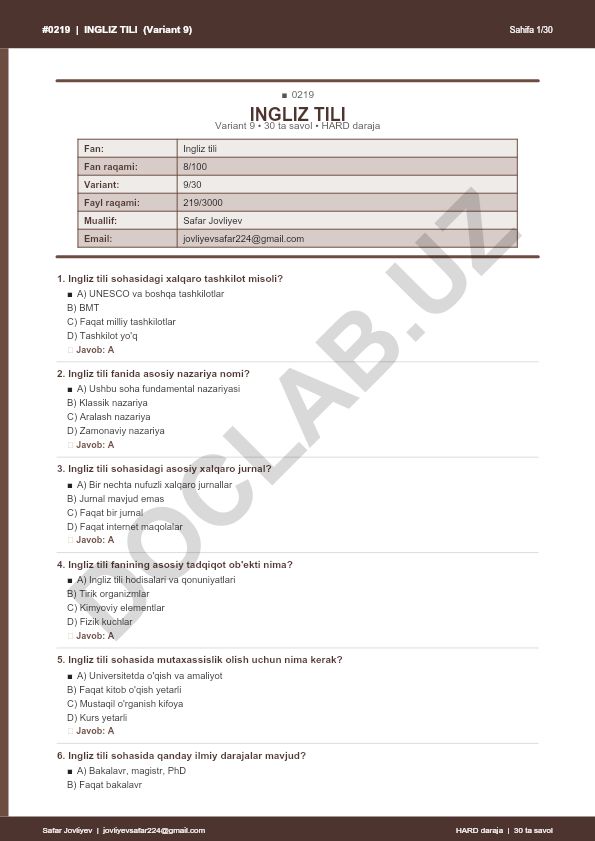 Ingliz tili fanidan test savollari (Variant 9)