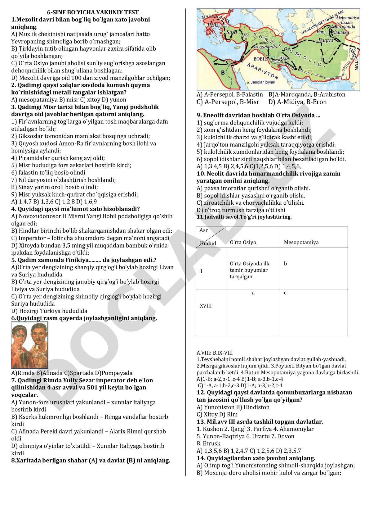 6-sinf bo'yicha yakuniy test