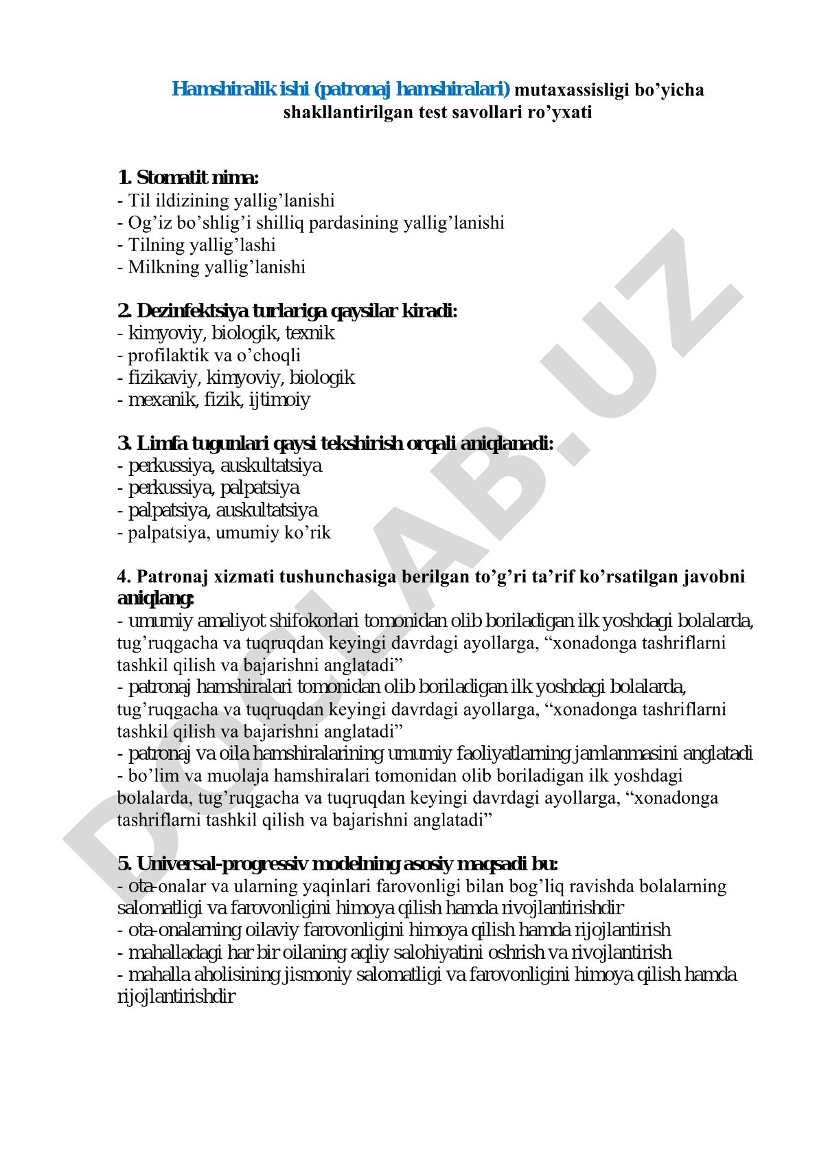 Hamshiralik ishi (patronaj hamshiralari) mutaxassisligi bo'yicha test savollari