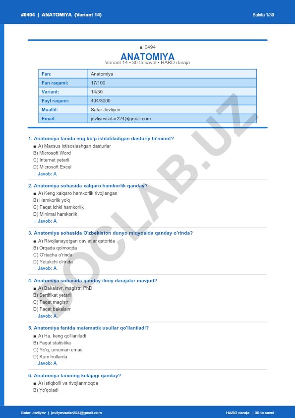 Anatomiya faniga oid test savollari (Variant 14)