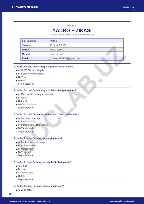 Yadro fizikasi fanidan test to'plami