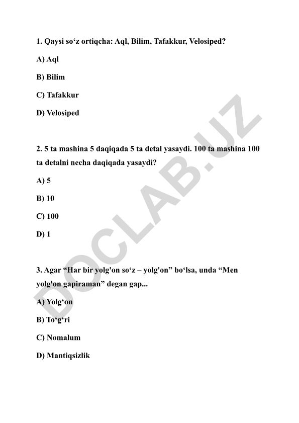 Mantiqiy va matematik savollar to'plami