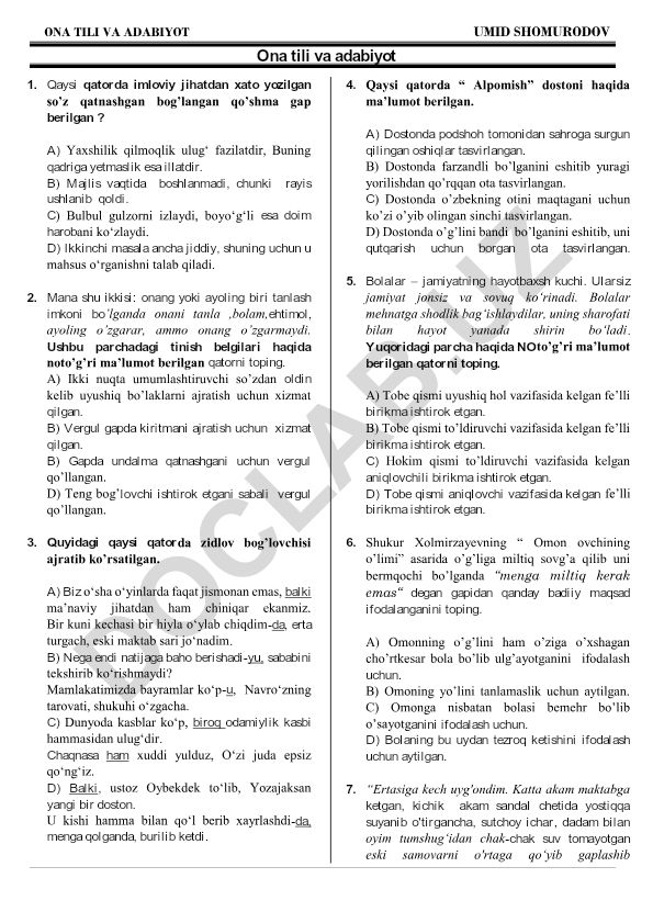 Ona tili va adabiyot fanidan test savollari