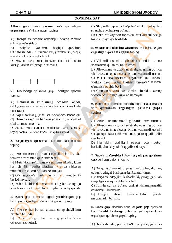Ona tili fanidan qo'shma gaplar bo'yicha test topshiriqlari