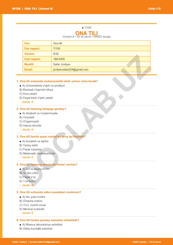 Ona tili fanidan test savollari (Variant 8)