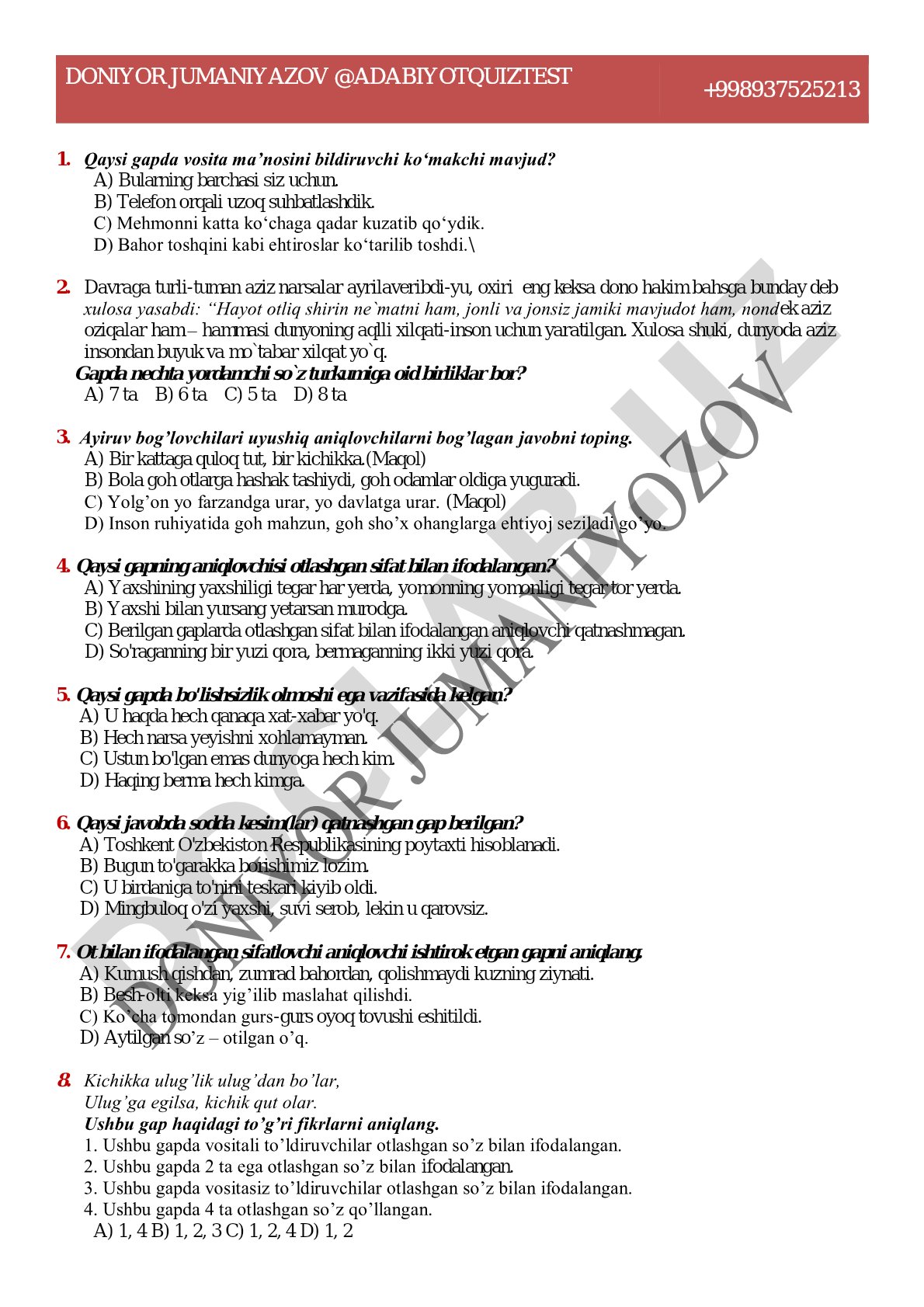 Adabiyot test savollari