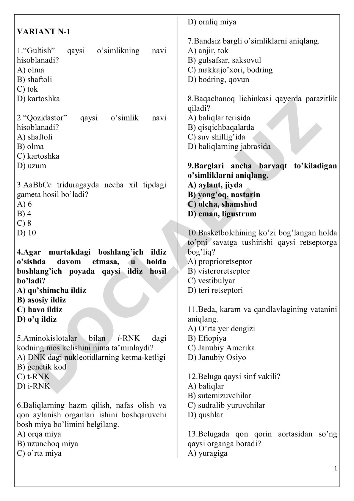 Biologiya fanidan test savollari