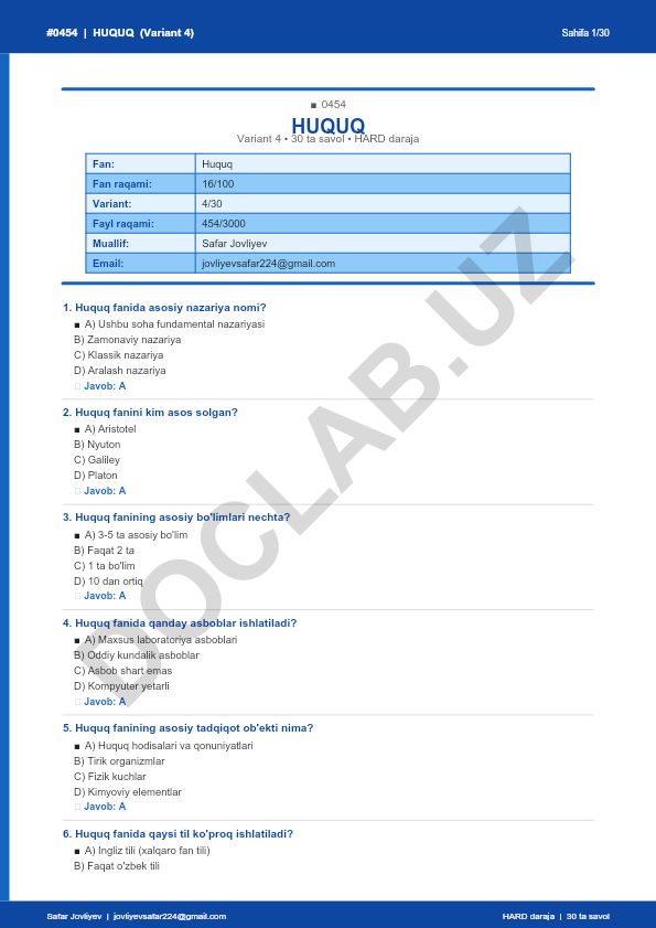Huquq fanidan test savollari to'plami