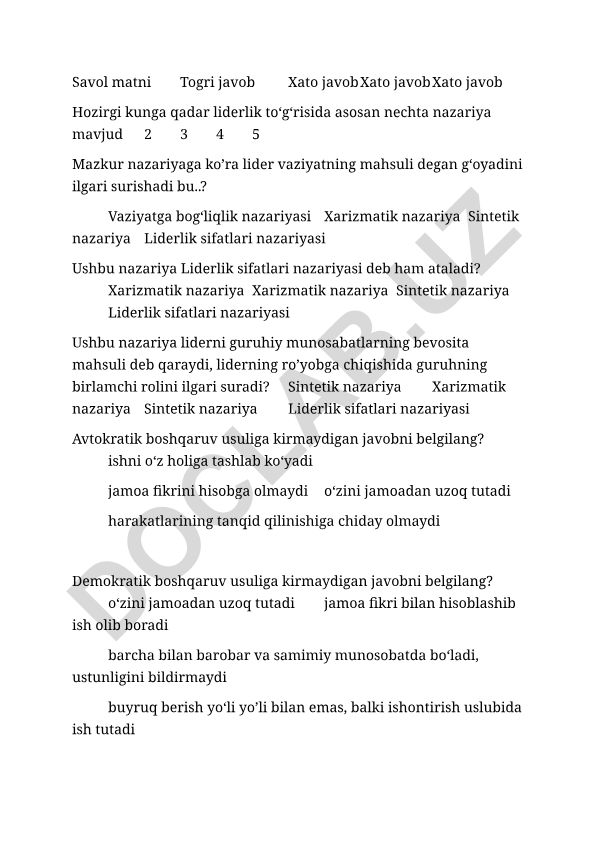 Liderlik nazariyalari va boshqaruv usullari test savollari