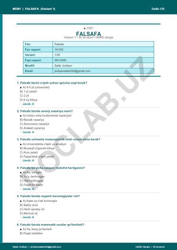 Falsafa faniga oid test savollari (Variant 1)