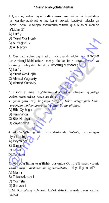 11-sinf adabiyotidan test savollari