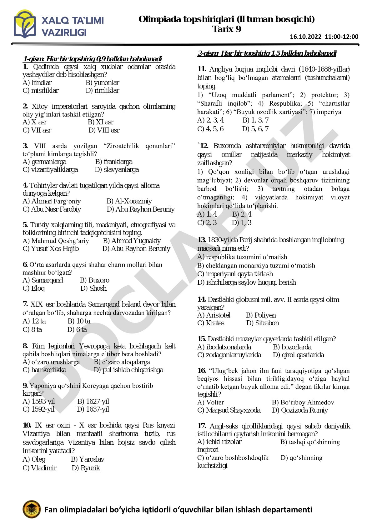 Olimpiada topshiriqlari (II tuman bosqichi) Tarix 9