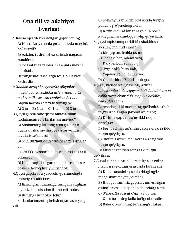 Ona tili va adabiyot fanidan test savollari