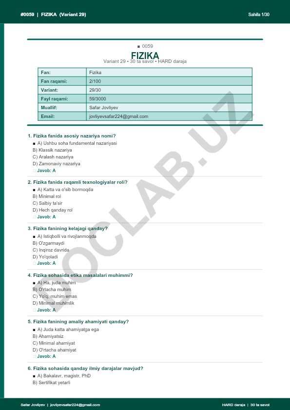 Fizika fanidan 30 ta savolli test (Variant 29)