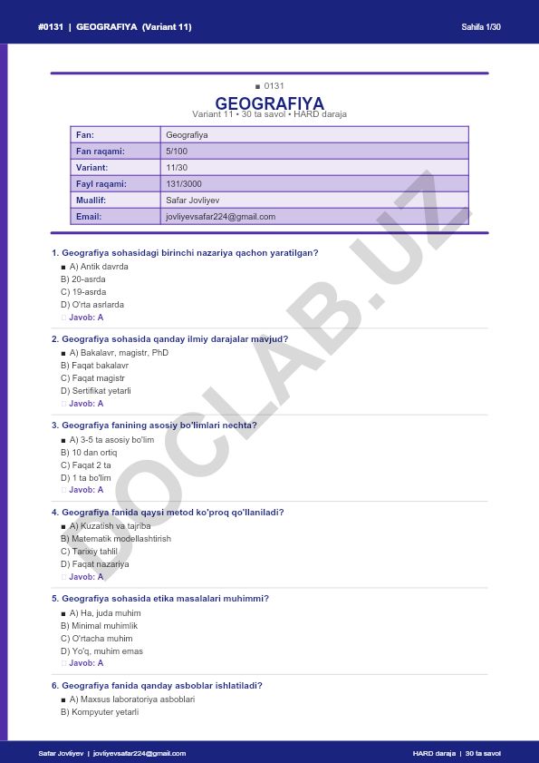 Geografiya fanidan test savollari (Variant 11)