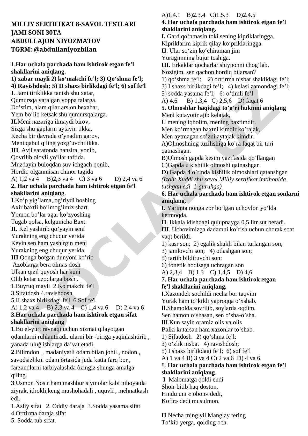 Milliy sertifikat 8-savol testlari
