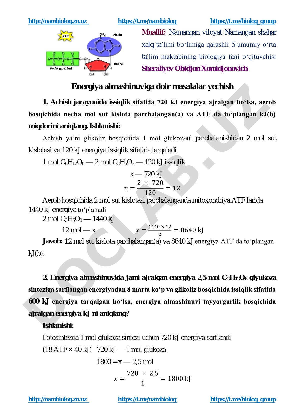 Energiya almashinuviga doir masalalar yechish