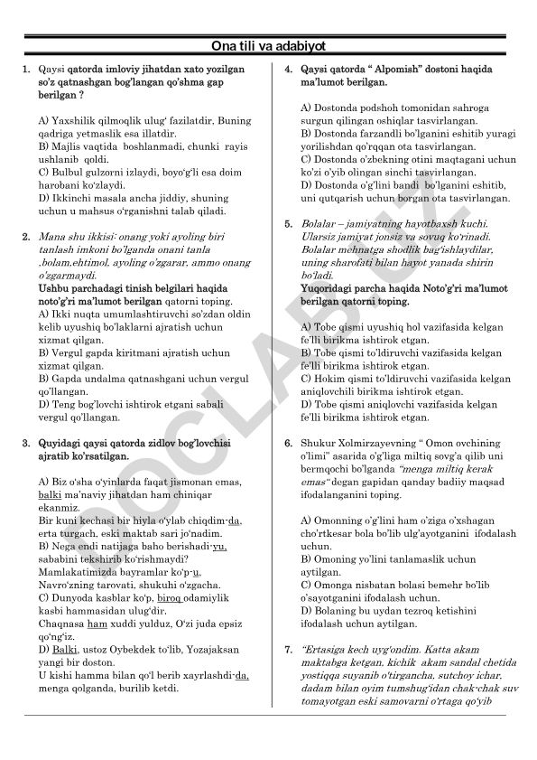O'zbek tilidagi imlo va tinish belgilari test savollari