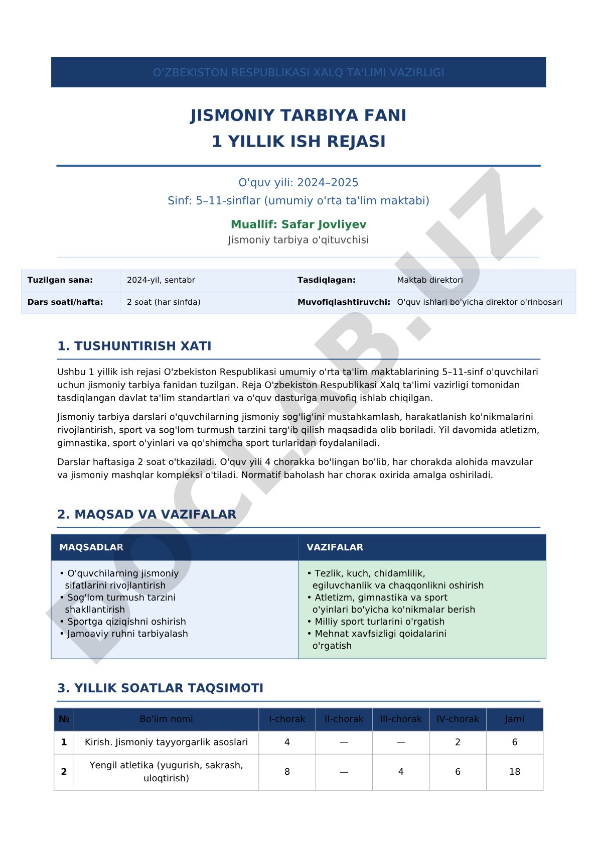 Jismoniy tarbiya fanidan 1 yillik ish rejasi (5–11-sinflar)