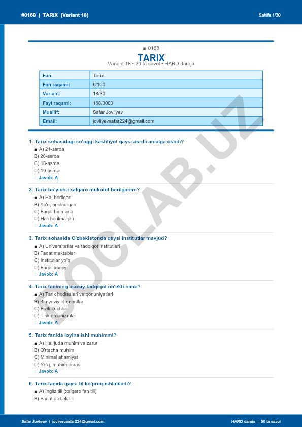 Tarix fanidan test savollari (Variant 18)