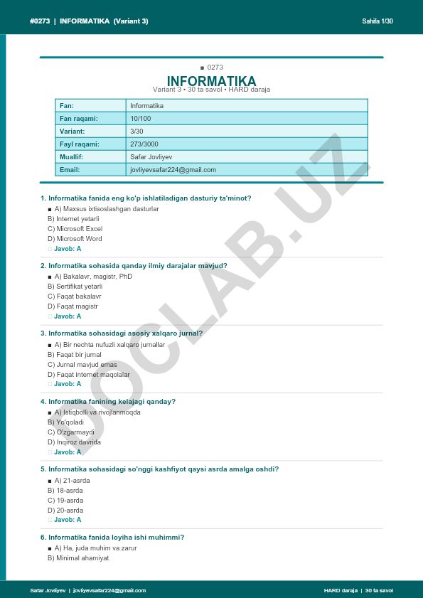 Informatika fanidan 30 ta savolli test (Variant 3)