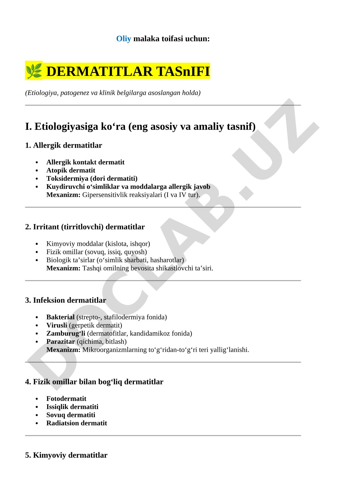 Dermatitlar tasnifi (Etiologiya, patogenez va klinik belgilarga asoslangan holda)