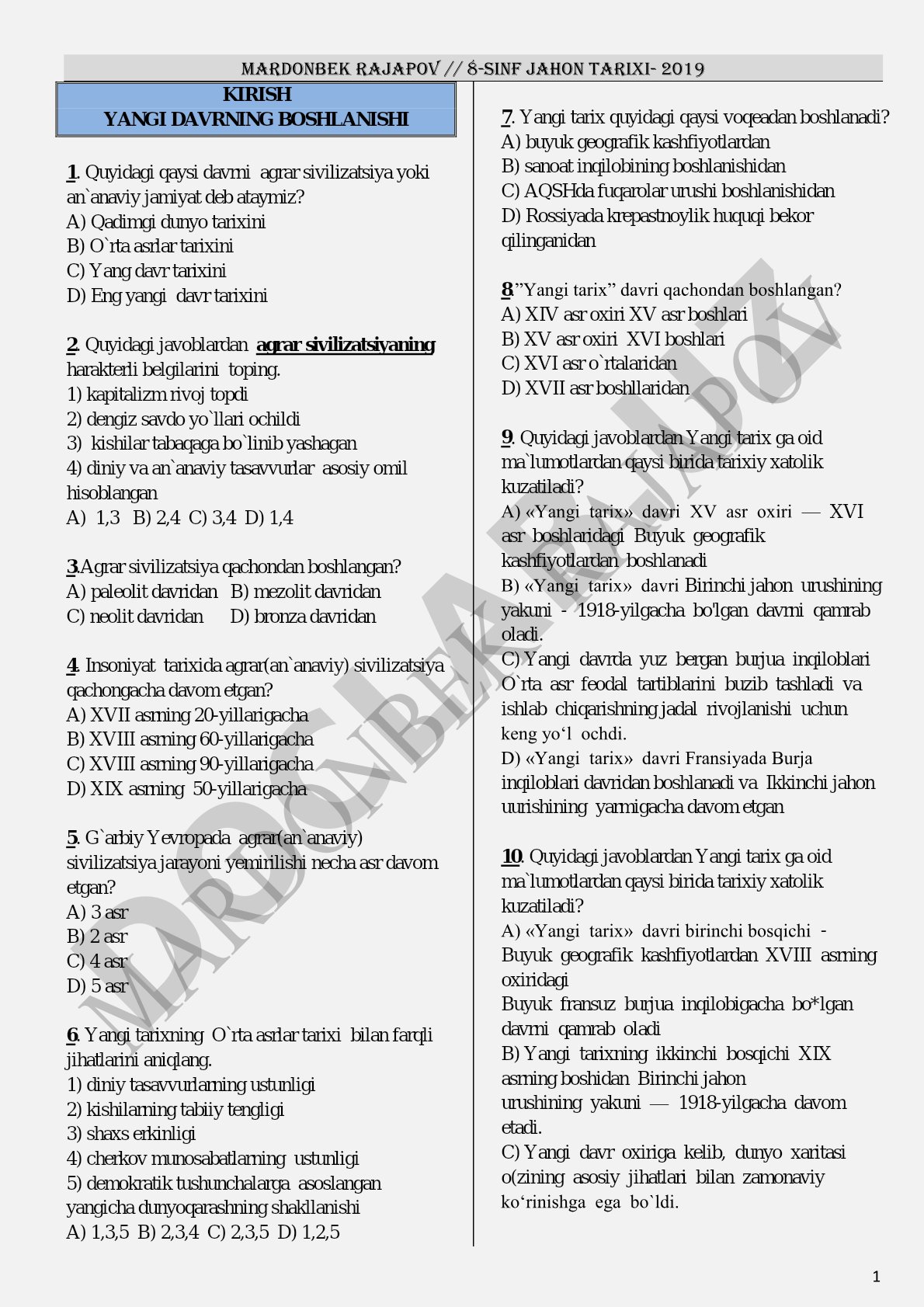 8-sinf Jahon tarixi test savollari