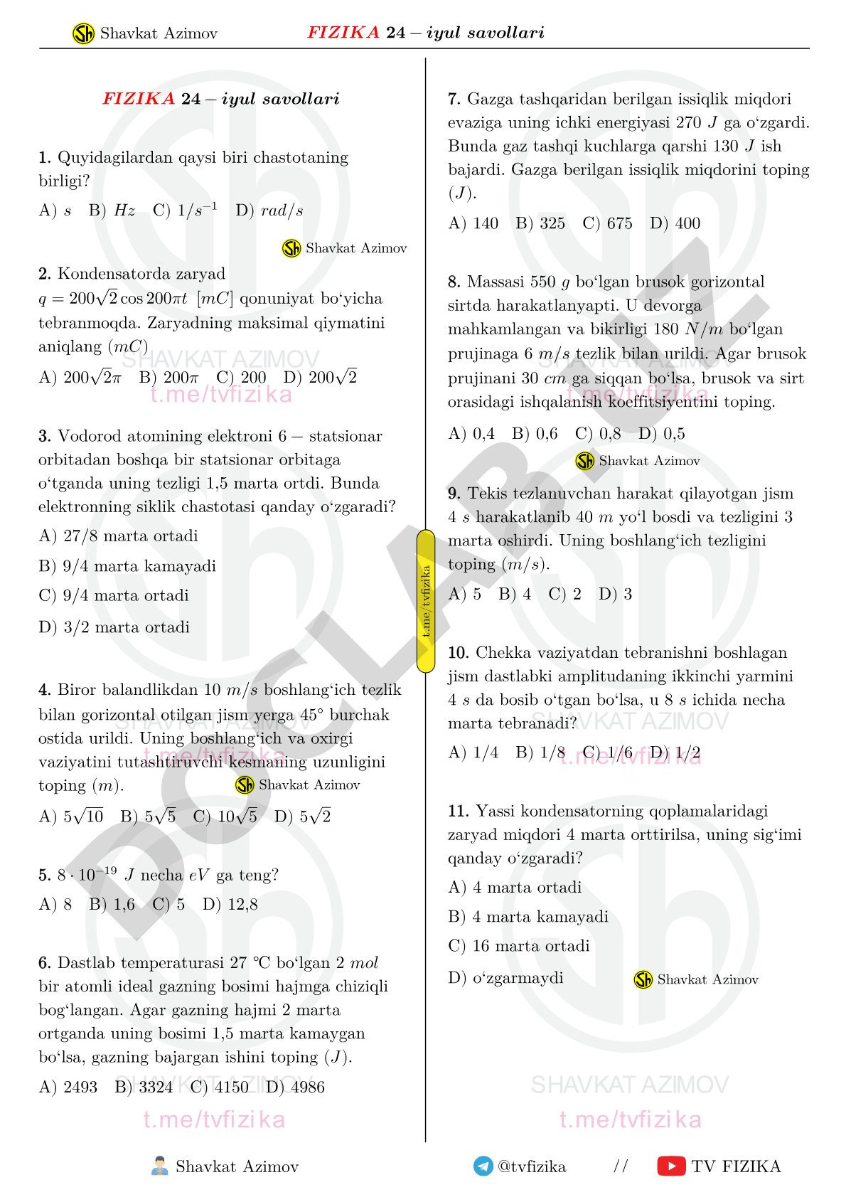 Fizika fanidan test savollari