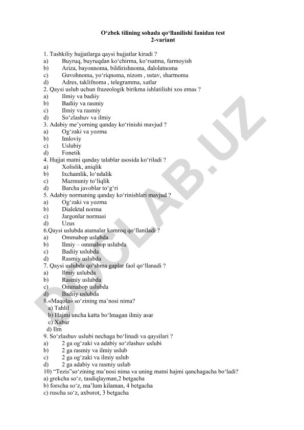 O‘zbek tilining sohada qo‘llanilishi fanidan test 2-variant