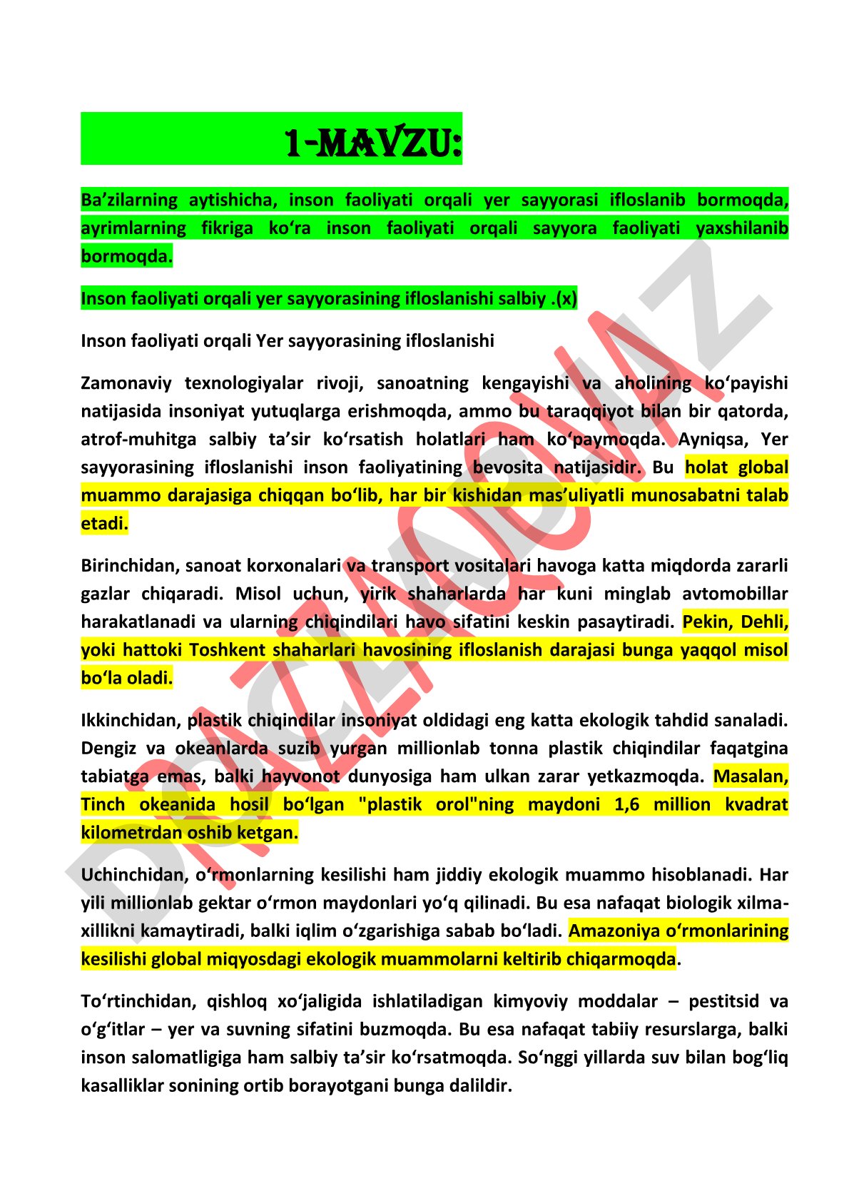 Inson faoliyati orqali Yer sayyorasining ifloslanishi