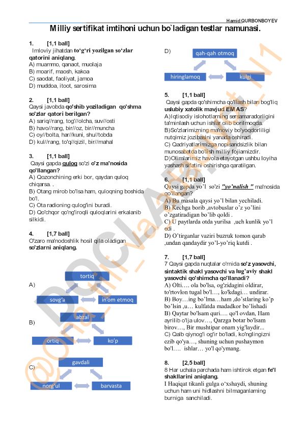 Milliy sertifikat imtihoni uchun test namunasi