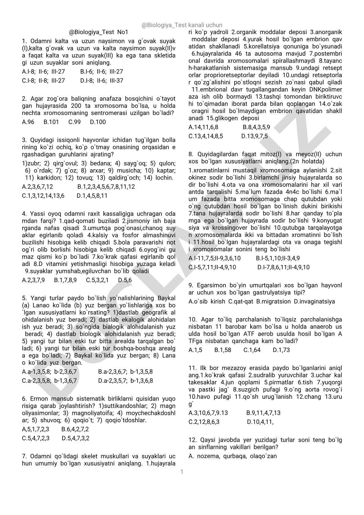 Biologiya test savollari