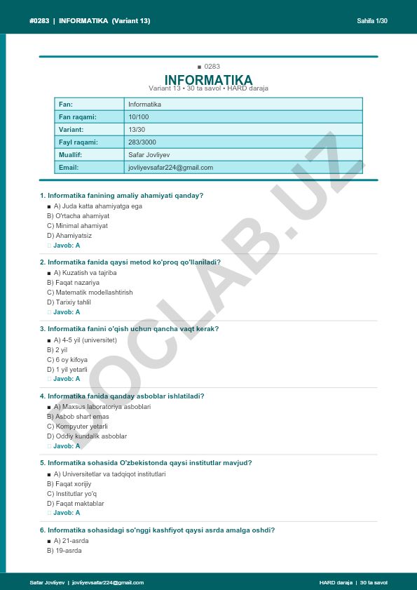 Informatika fanining amaliy ahamiyati va metodlari