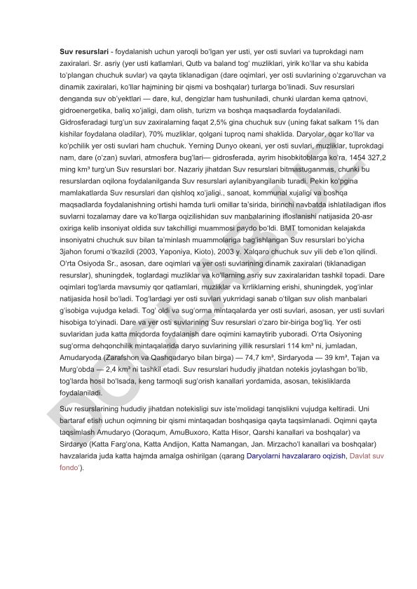 Suv resurslari turlari va foydalanish imkoniyatlari